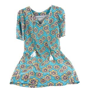 Crown & Ivy Women's Dress size 2 Short Sleeves Soft Gauzy Swing Floral Aqua